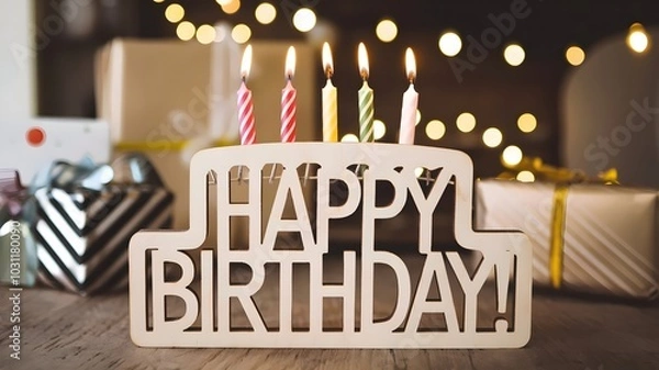 Fototapeta Wooden sign with "HAPPY BIRTHDAY!" in shape of cake with presents and bokeh lights in background