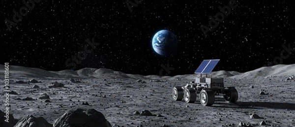 Fototapeta A lunar rover exploring the moon's surface with Earth visible in the background against a starry sky.