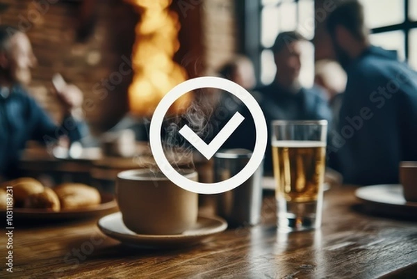 Fototapeta Cozy cafe scene with coffee cup, beer glass, and pastries on a wooden table, fostering a warm, inviting atmosphere.