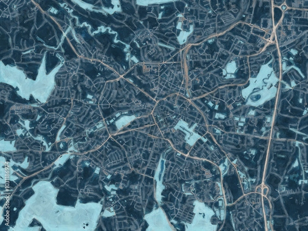 Fototapeta Painterly Style City Map of Bayreuth, Germany in a Blue Color Scheme.