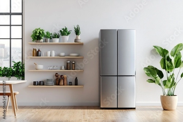 Fototapeta White scandinavian kitchen interior with dining room and wooden floor. Simply furniture with utensils, shelves with crockery and plants in pot, refrigerator in modern minimal design - generative ai