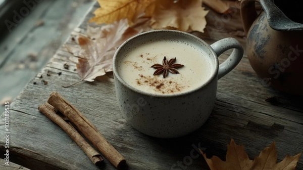 Obraz Cozy autumn scene with chai tea latte and cinnamon sticks for food photography and seasonal inspiration
