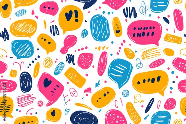 Fototapeta Bright seamless pattern with colorful speech bubble, words and symbols. Wallpaper for teenagers.