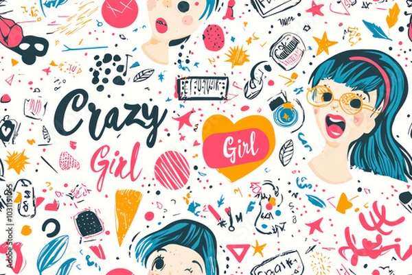 Fototapeta "Crazy Girl" Fashion abstract seamless pattern with patch, stickers, dots and words.