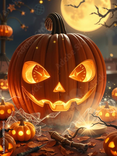 Obraz Halloween Spooky Glowing Pumpkin in Haunted Forest Graveyard Scary Night Scene with Ghost Autumn Horror Atmosphere Eerie Moonlit Cemetery