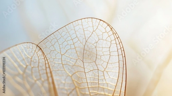 Fototapeta Dragonfly Wing Detail, Close-up view of a dragonfly wing showcasing intricate vein patterns and delicate textures, illuminated by soft natural light