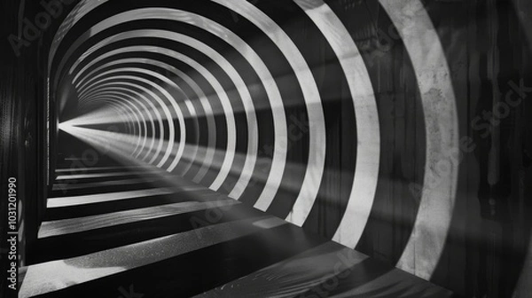 Fototapeta Black and white abstract photo of a hallway with a hypnotic, swirling pattern on the walls. The light at the end of the hallway creates a dramatic contrast.
