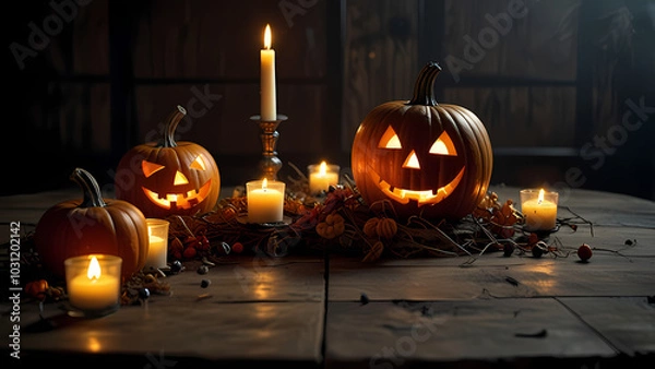 Obraz old, rustic wooden table surrounded by Halloween decorations