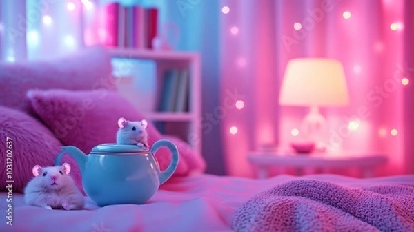 Obraz Two cute toy rats on a bed with a blue teapot in the background, a pink and white theme and fairy lights.