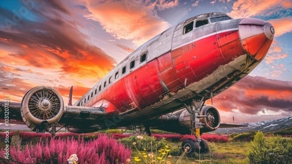Fototapeta Rusty Airplane Under a Dramatic Sunset Sky