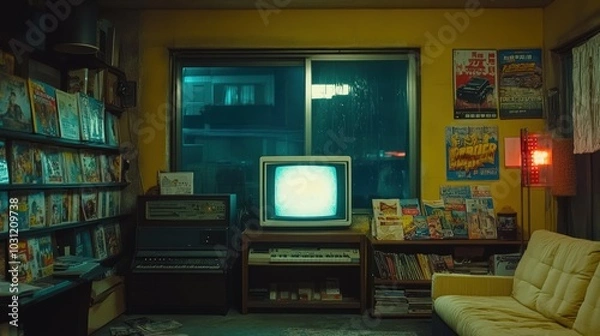 Fototapeta Retro living room with a vintage television, a bookshelf, and a couch.