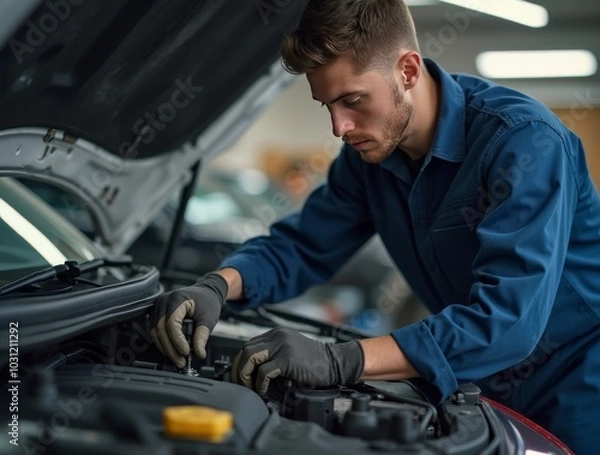 Fototapeta auto mechanic working in workshop, close up a car mechanic repairing car engine, service worker at the work