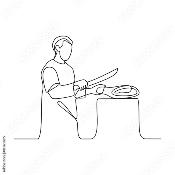 Fototapeta One continuous line drawing of a butcher in the traditional market vector illustration. Meat themes design illustration in simple linear style. Butcher activity to cut meat and serving meat buyers. 