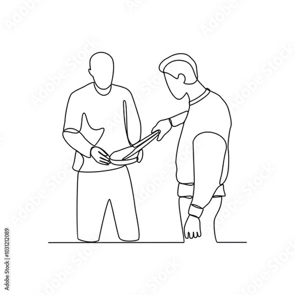 Fototapeta One continuous line drawing of a barbeque party vector illustration. Meat party themes design illustration concept in simple linear style. Design barbeque party with family and friends at the night 
