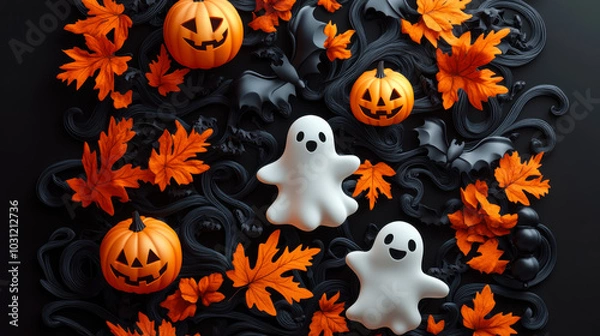 Fototapeta ghost and pumpkins on a gray background helloween day