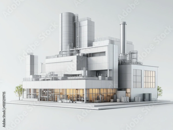 Fototapeta 3d lowpoly model of a modern factory, with mostly white colors and a bit of grey, white background