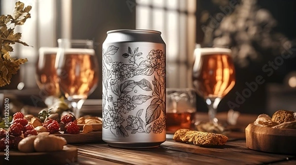 Fototapeta A matte craft beer can with hand-drawn illustrations, resting on a wooden picnic table, surrounded by beer glasses and snacks, photorealistic, isolated on white background