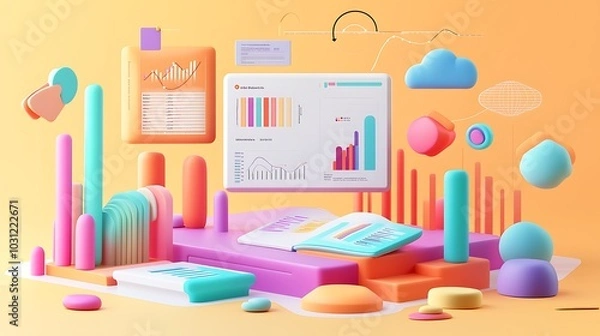 Fototapeta Colorful 3D Abstract Composition with Charts and Geometric Shapes