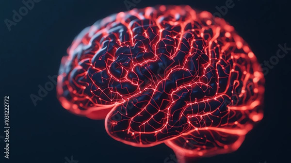 Fototapeta A detailed close-up of a human brain, illuminated with vibrant red neural pathways on a dark background, symbolizing cognition, thought, and mental processes.