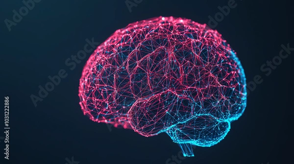 Fototapeta A digital illustration of a human brain network, showcasing intricate connections in vibrant blue and pink colors against a dark background.