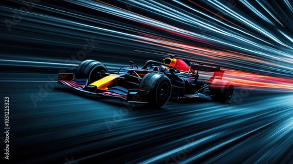 Fototapeta A blue Formula One car in motion on the track, with a motion blur background