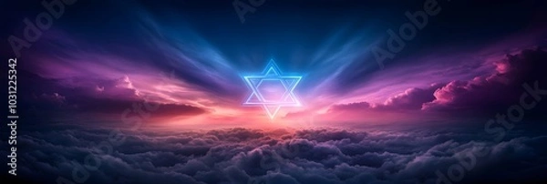 Fototapeta Star of David over cloudy sunset sky background. Symbol of Judaism. Jewish memory day. Hanukkah, Passover, Shavuot, Yom Kippur holiday. Happy Independence Day of Israel