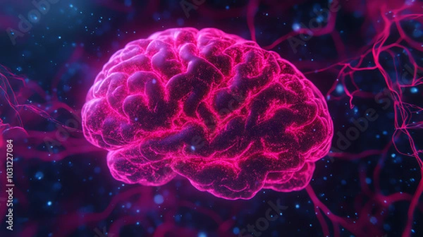 Obraz A vibrant, abstract depiction of a brain in pink hues, set against a dark, cosmic background filled with neural connections and light effects.