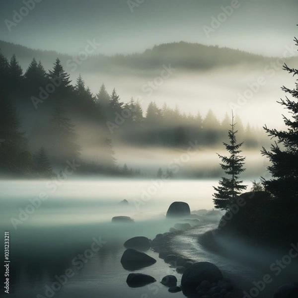Fototapeta "Mysterious Foggy Landscape with Silhouetted Trees and Soft Morning Light