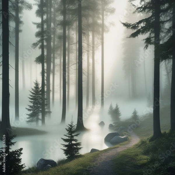 Fototapeta "Mysterious Foggy Landscape with Silhouetted Trees and Soft Morning Light