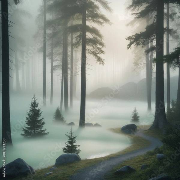 Fototapeta "Mysterious Foggy Landscape with Silhouetted Trees and Soft Morning Light