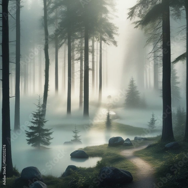 Fototapeta "Mysterious Foggy Landscape with Silhouetted Trees and Soft Morning Light