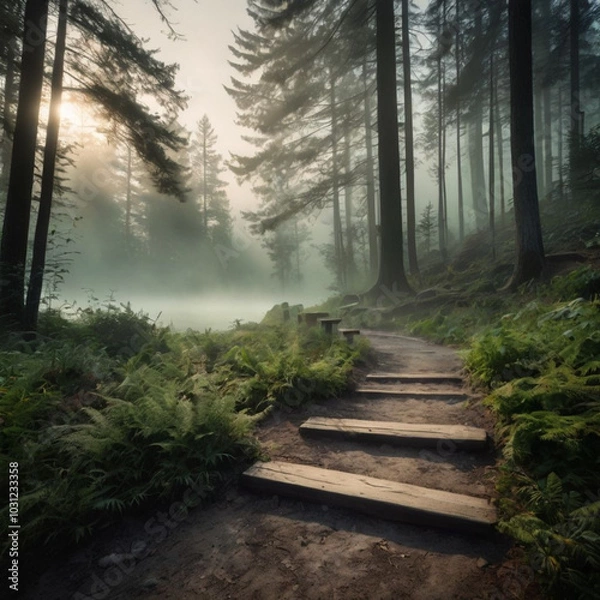 Fototapeta "Mysterious Foggy Landscape with Silhouetted Trees and Soft Morning Light