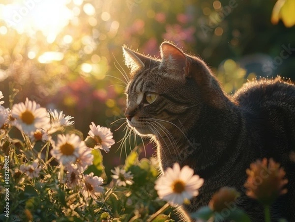Fototapeta Feline Serenity: A Cat's Garden Stroll in Sunlight
