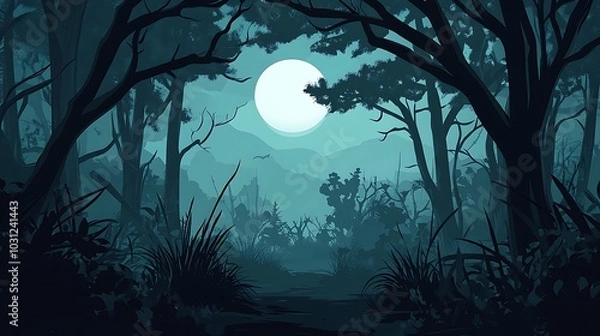 Obraz A Moonlit Path Through a Silhouetted Forest