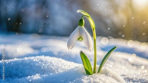 Fototapeta Gentle snowdrop flower blooming in early autumn snow , snowdrop, flower, gentle, blooming, early, autumn, snow, white, delicate
