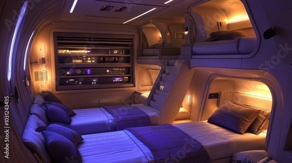 Fototapeta Futuristic Spacecraft Cabin Interior with Bunk Beds and Soft Lighting