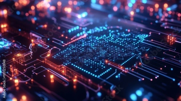 Obraz Quantum processor visualization, intricate atomic networks, futuristic lab setting, bright neon lighting, advanced technology