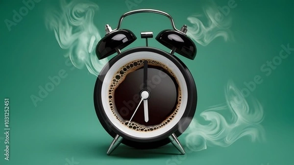 Fototapeta an alarm clock with a cup of black coffee instead of a traditional clock face