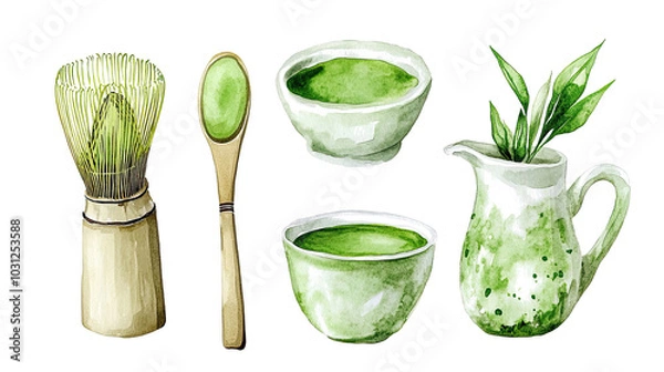 Fototapeta Set of Watercolor Matcha Green Tea Elements on a White Background Generative AI