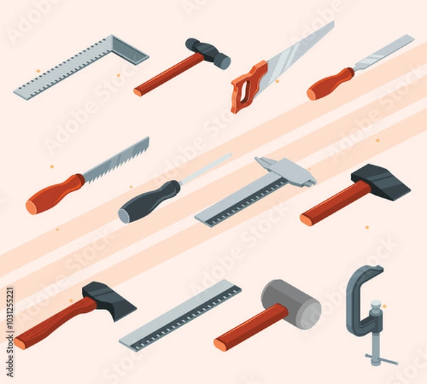 Obraz Isometric icons representing carpentry tools and woodworking activities.