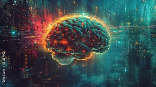 Obraz Glowing brain within a digital cityscape.