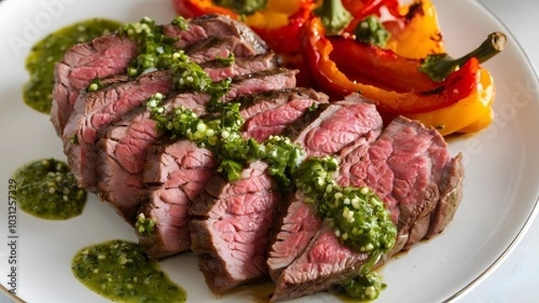 Fototapeta medium-rare steak slices with roasted bell peppers, drizzled with chimichurri sauce