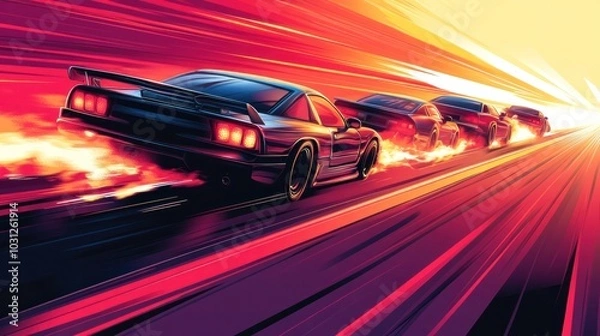 Fototapeta Drag racing vector illustration, showcasing powerful cars accelerating on a straight track, speed and adrenaline