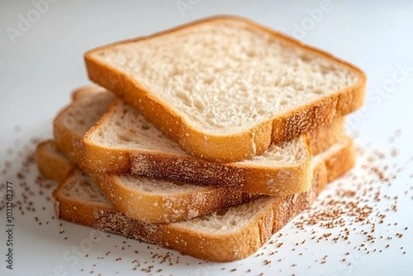 Obraz A stack of fresh, sliced bread with a soft texture on a light background, accompanied by scattered sesame seeds.