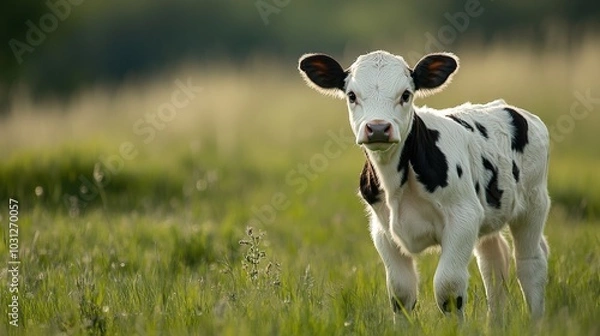 Fototapeta A white baby cow with black dots stands gracefully in its natural habitat, surrounded by lush green fields and peaceful nature. The gentle creature stands out against the vibrant backdrop