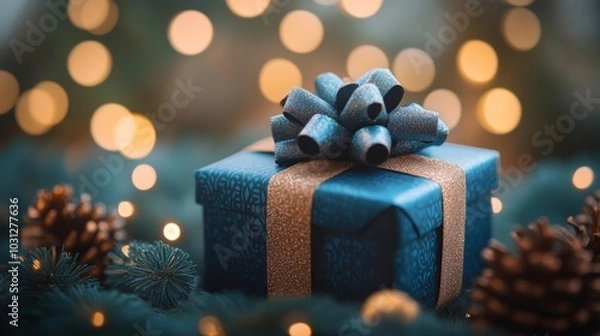 Fototapeta A blue gift box with a gold ribbon and bow sits on a green surface surrounded by pine branches and pine cones, with warm bokeh lights in the background.