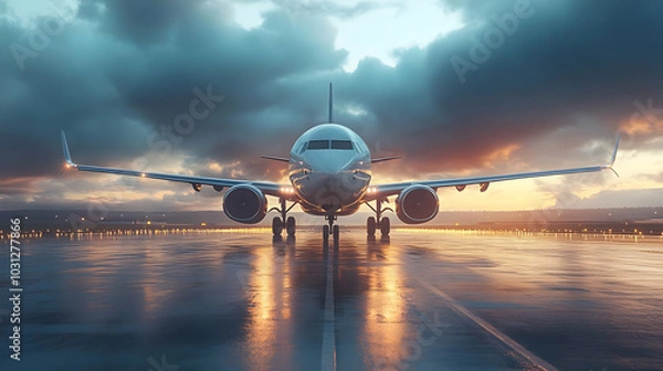 Fototapeta A plane on a runway at sunset, reflecting light on wet pavement.