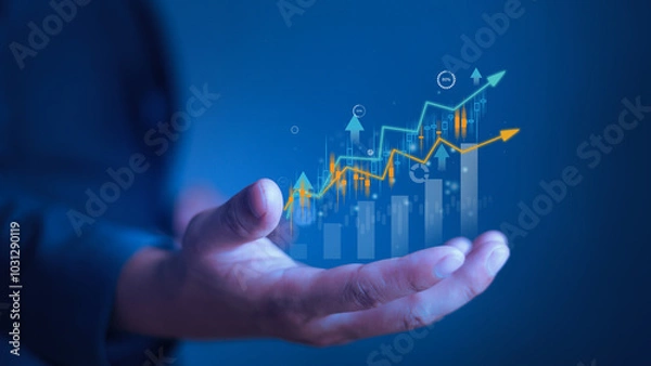 Fototapeta Hand holding growth business strategy arrow concept with increase development graph profit or growing economy investment income target and goal increase achievement on development strategy chart.