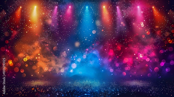 Fototapeta Colorful Stage Lights with Sparkling Bokeh and Misty Background..