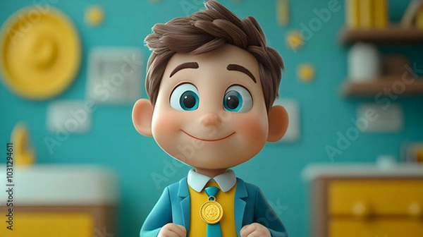 Fototapeta Cheerful animated boy in a suit, smiling with a medal.